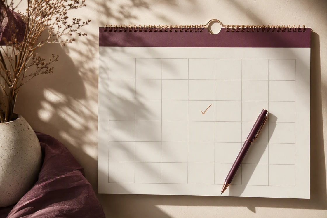 Wall calendar grid with a plum pen and one ticked square