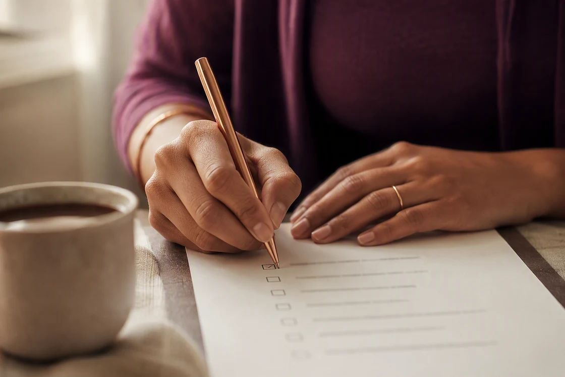 Hands ticking a box on a printed checklist with a copper pen